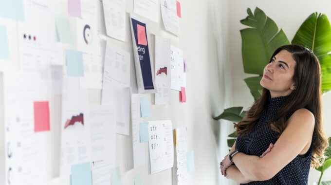 Woman Stands In Front Of Her Demand Generation Marketing Idea Board